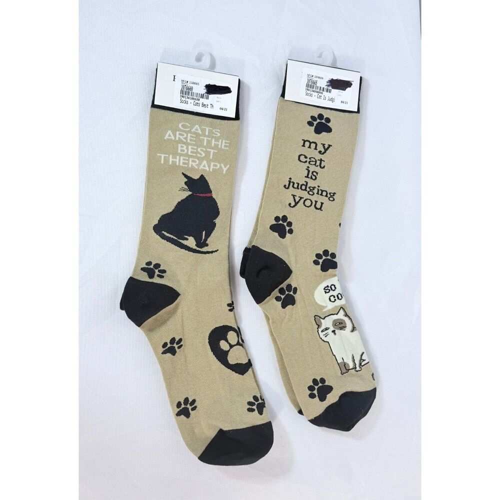 NWT Cat Lover Socks Cats are Judging You Cats Are the Best Therapy Tan Black O/S